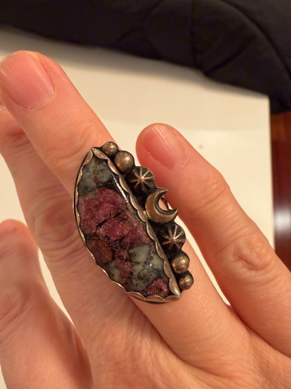 Sterling Silver Burgundy and Gray Stone Moon & Star Statement Ring